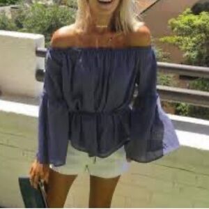 Ministry Of Style gauzy top off shoulder blue lined size 6 Medium